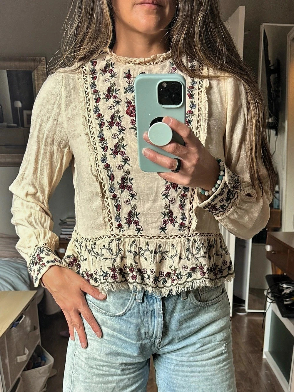 Zara ZW Collection Embroidered Fringe Blouse Cream & Red Medium Size S